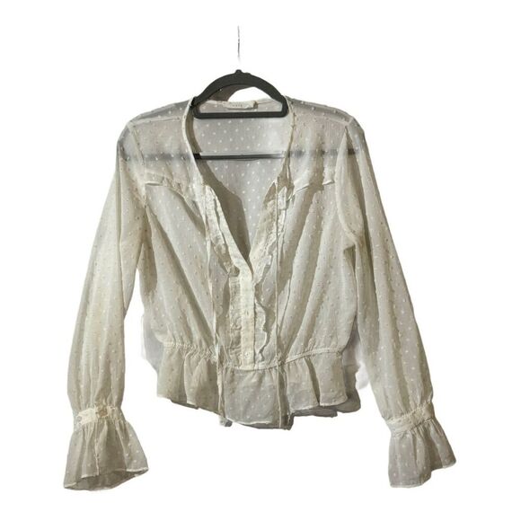 Lush  Sheer White Polka Dot Ruffle Peplum Blouse Long Sleeve M Cottage Coquette - Picture 2 of 7